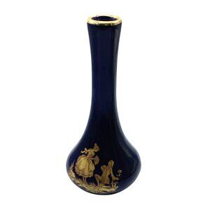 Vtg Porcelaine De Limoges France Cobalt Blue & Gold Gilt‎ Bud Vase 6” RARE